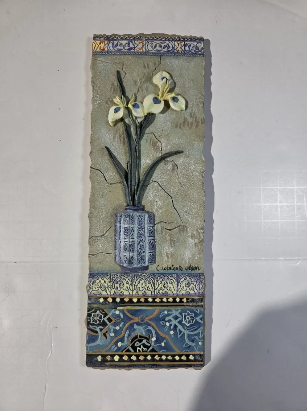 Wall Art Tile Panel with Yellow Calla Lilies in Blue Vase By C. Winterle Olson